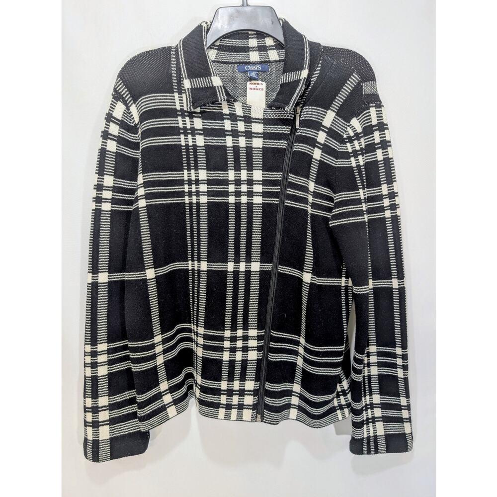 Chaps Black White Plaid Heavy Knit Zip Cardigan Jacket NWT Size Large